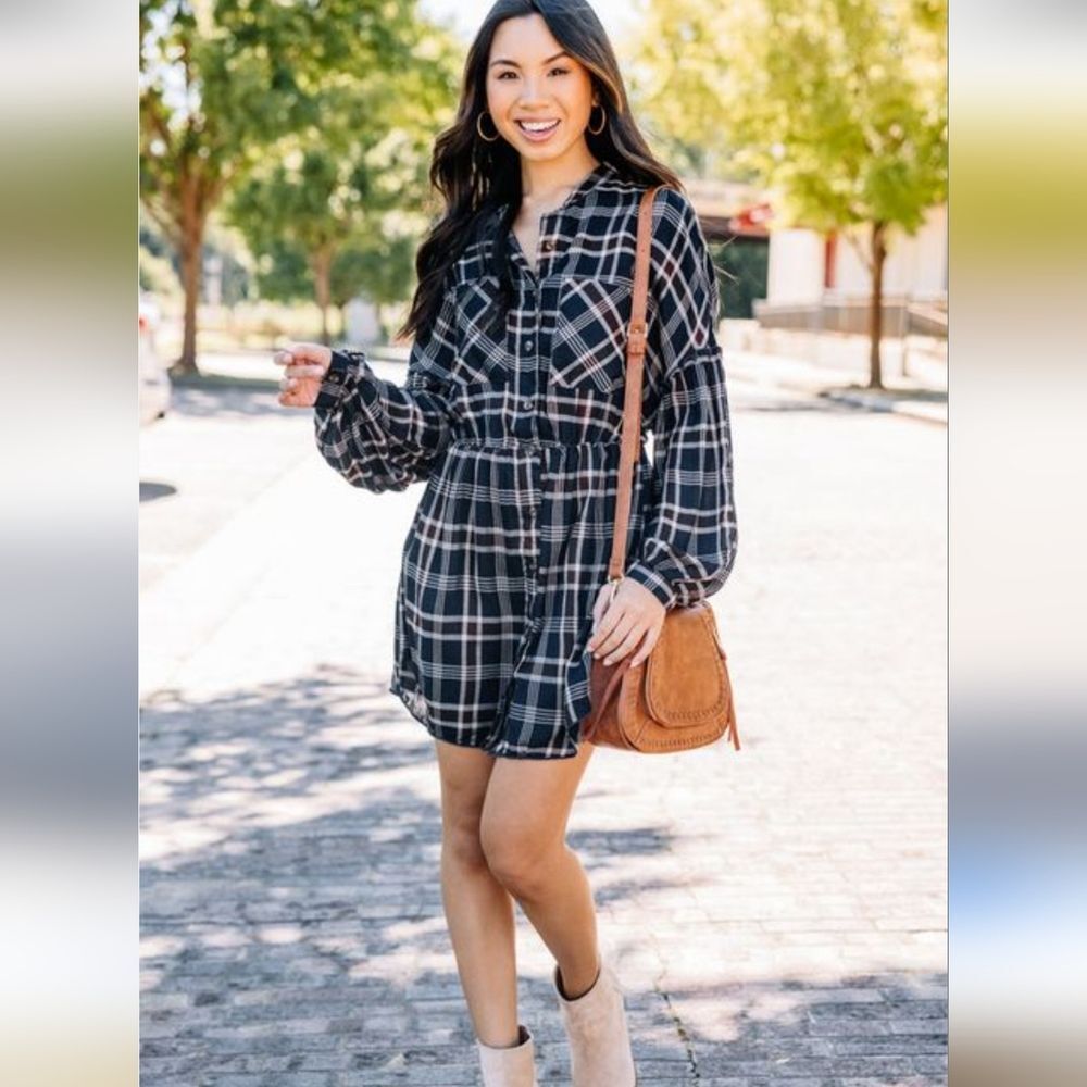 Hyfve Navy Plaid Mini Shirt Dress Size S NWT Western Preppy Academia